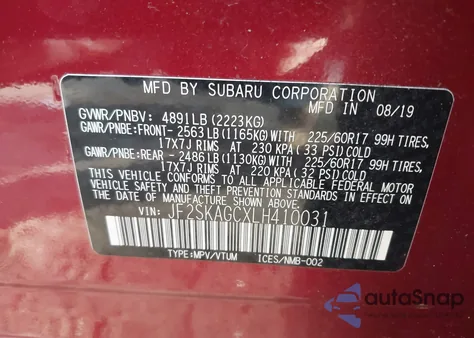 2020 Subaru Forester Premium из США, поврежденный, VIN JF2SKAGCXLH410031